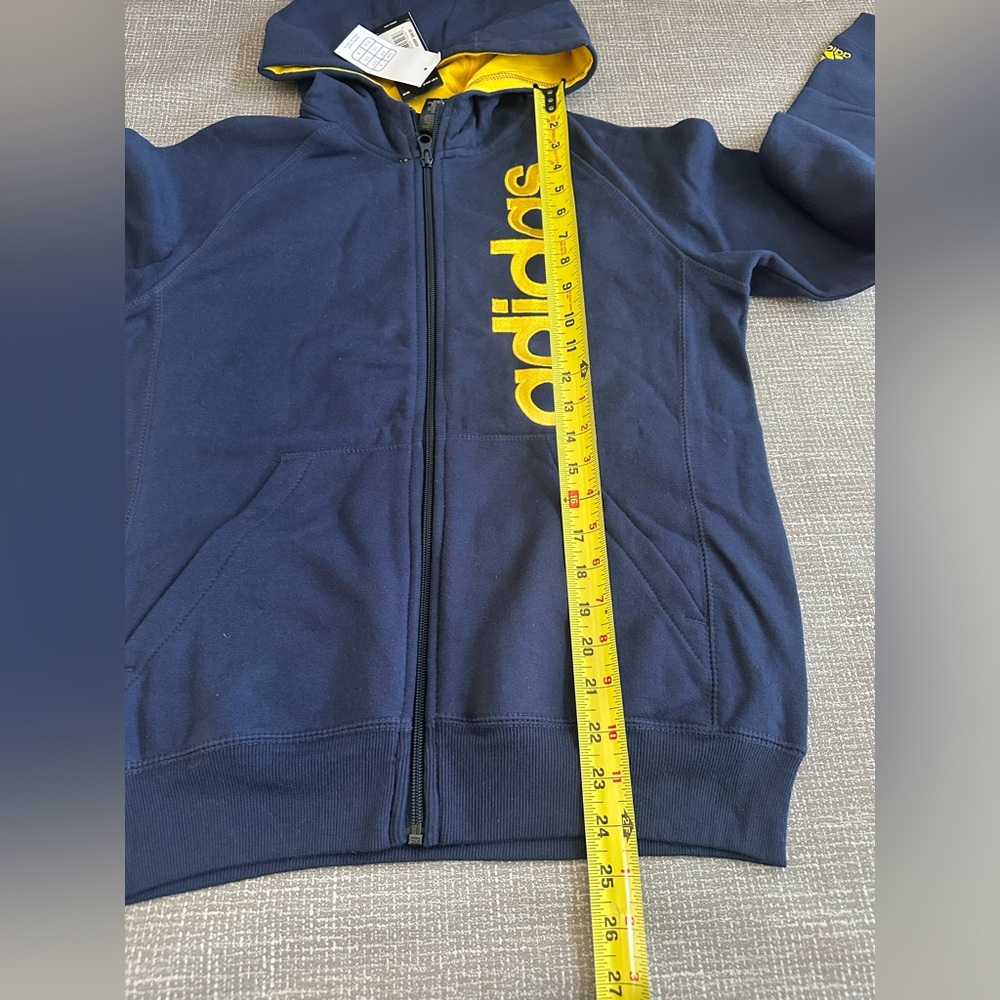 Adidas Kids Full Zip Hoodie Navy Yellow Logo Sweatshirt New With Tags - Picture 9 of 11